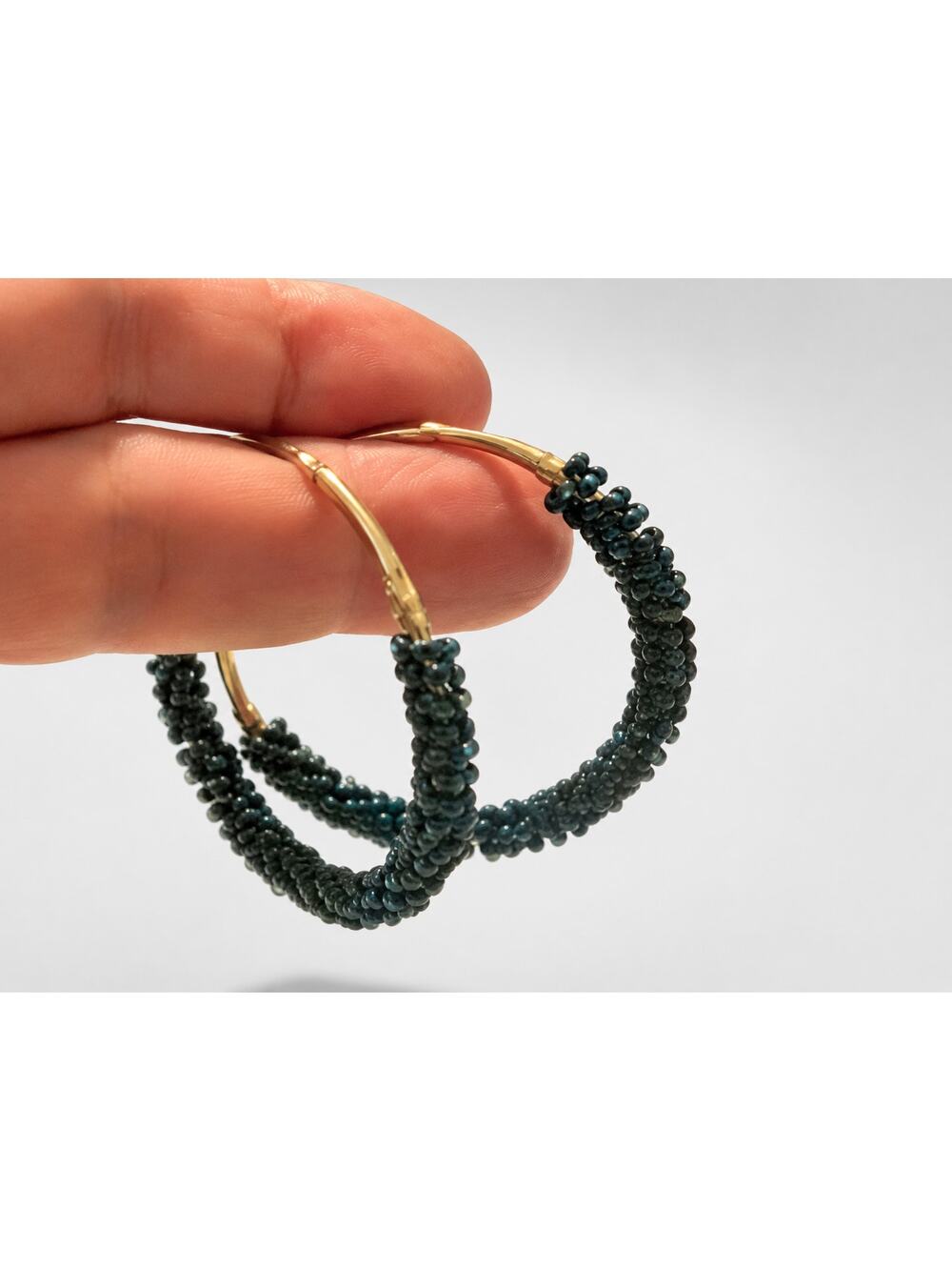 Large Hoop Pierced Earrings, Blue Beaded, Gold-tone 2" Self-Closing, Boho bp-113